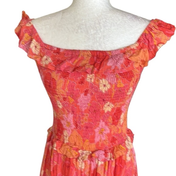 Abel the Label Coral Orange Pink Floral Print Smocked Off Shoulder Maxi Dress XS - Picture 5 of 14